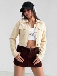 Aidyla Flap Pocket Drop Shoulder Corduroy Jacket Fall Winter Cloth For Women - Apricot - View 4