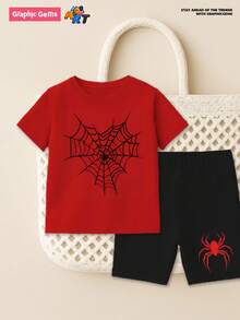 SHEIN 2pcs Toddler Boys' Casual Spider Web Print Short Sleeve T-Shirt And Shorts Set Spider Graphic Tee Halloween Baby Boy Clothes Baby Boy Spider Outfit Toddler Graphic Tshirts Infant Graphic Tees