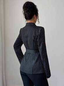 Elenzga 条纹翻领设计休闲长袖收腰女式西装外套 - 黑與白 - 查看 2