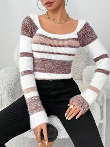 EMERY ROSE Women's Striped Square Neck Raglan Sleeve Fitted Pullover Sweater, Autumn - Multicolor - View 6