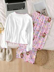 Genkimix Kids Tween Girls 2pcs Pajama Set, Cute Rabbit Print White T-Shirt With Ruffle Collar And Loose Rabbit Print Pants, Autumn Girl Pjs Sets - White - View 2