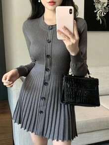 DAZY Women's Solid Color Minimalist Long Sleeve Sweater Dress, Casual Everyday Wear - Dark Grey - View 1