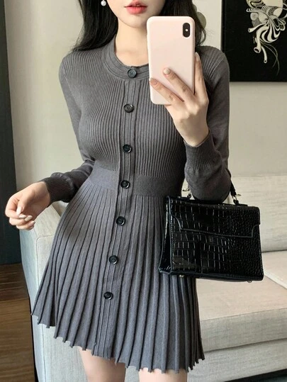 DAZY 女式纯色简约长袖毛衣裙，休闲日常穿着