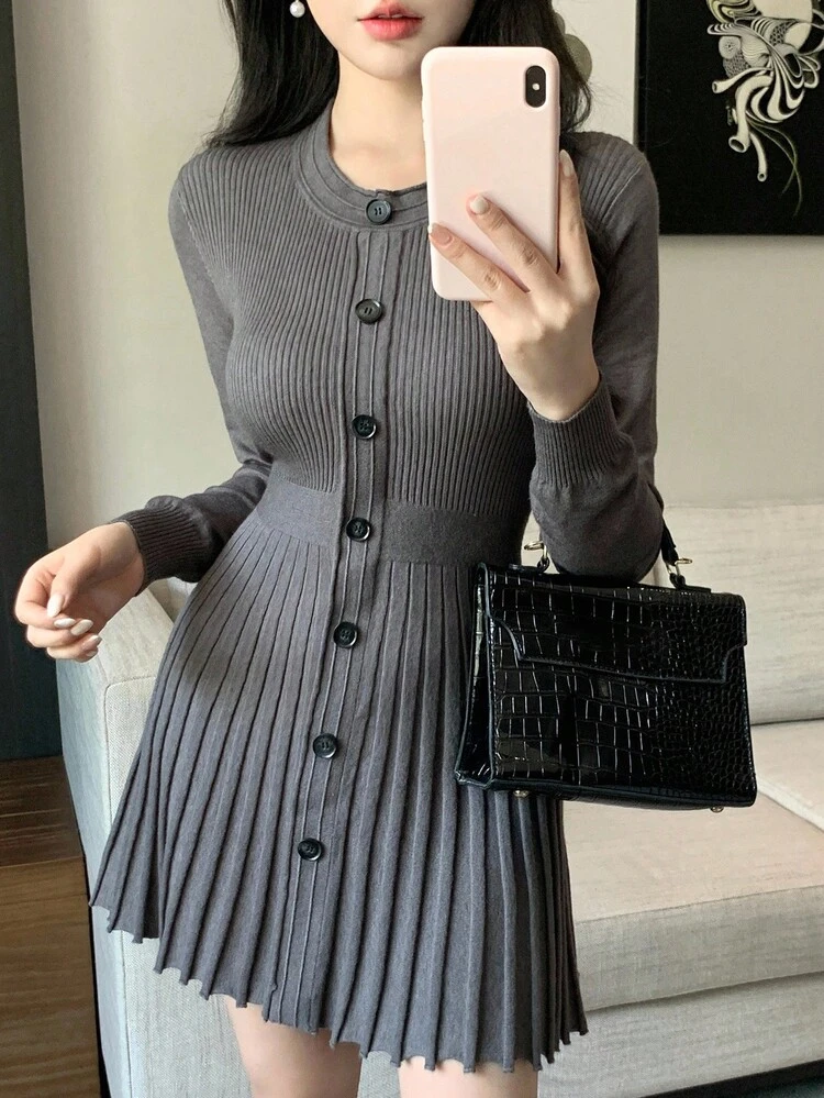 Women's Solid Color Minimalist Long Sleeve Sweater Dress, Casual Everyday Wear