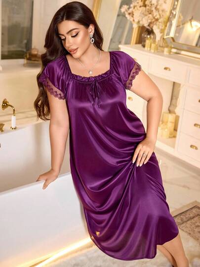 LuxeNights Plus Contrast Kanten Tie Front Sleep Nightdress, Long Dress, Moo view 7