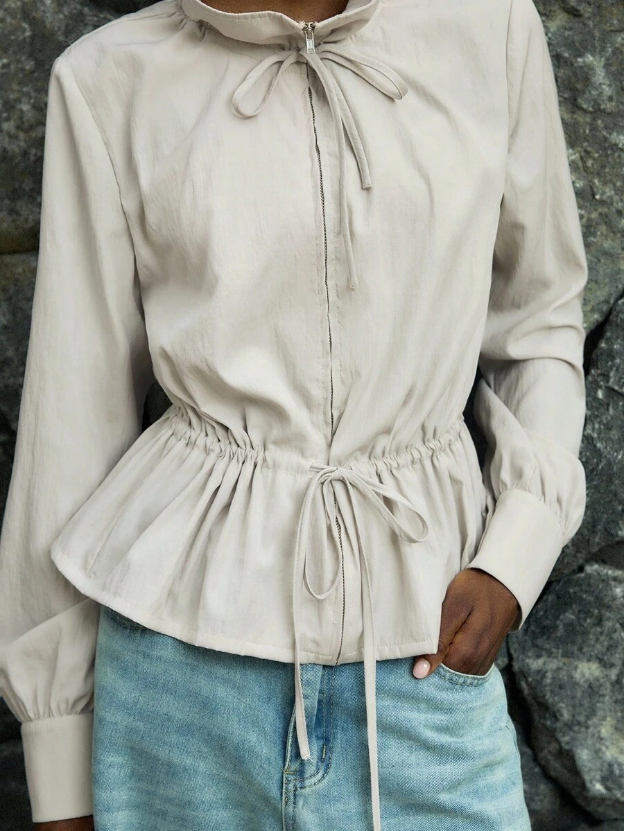 Lumivelle Women's Casual High Neck Zip-Up Cinched Waist Long Sleeve Lightweight Jacket