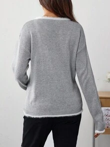 SHEIN Maternity Sweater With Fringe Trim On Neckline And Cuffs, Long Sleeve - Grey - View 2