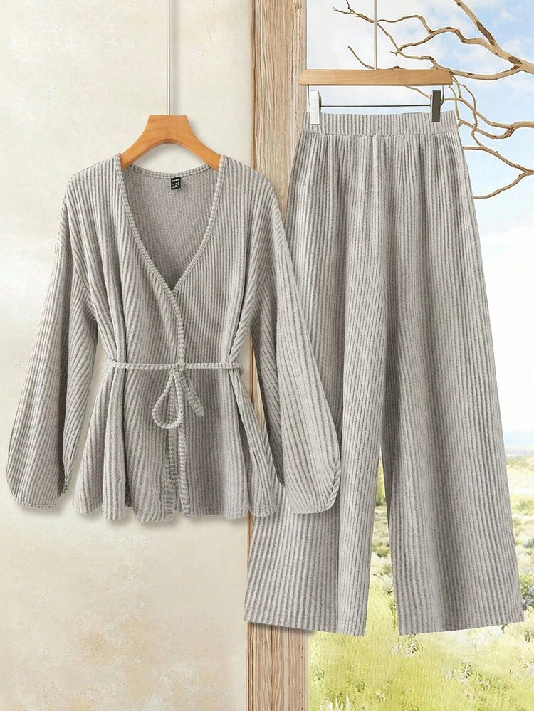 Minimalist Casual Solid Color Textured V-Neck Tie Knit Top And Loose Knit Pants Set Winter Clothes For Women Thanksgiving Outfit For Women Elegant Women's Set,Cozy Fall And Winter Clothes For Women