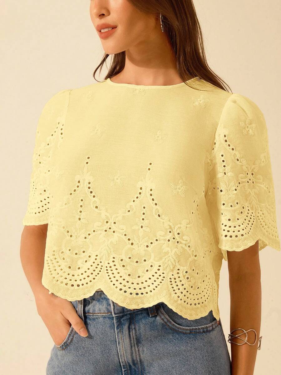 Women's Vacation Casual Water-Soluble Lace Hollow, Shoulder Ruched Cropped Top - Yellow - View 1