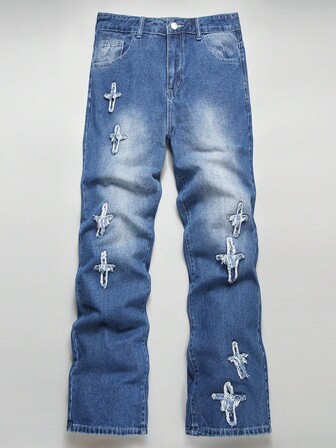 Manfinity Roghcode Pantalon ample en jean délavé bleu clair vintage Y2K pour hommes avec patch étoile