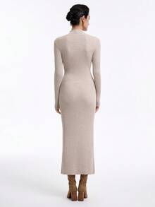 SHEIN X Jwoww Aalyst Vestido de punto de cuello alto de manga larga de mezcla de lana para mujer - Marrón Mocha - Ver 4