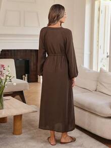 Louniche فستان أنيق وبسيط للمرأة للمكتب/الكاجوال/العطلات، طوق واقف، أكمام راجلان، متجعد، نصف سوستة، خصر بسحاب، جيوب، قصة مريحة، طول متوسط، لون بني قهوي - بني داكن - مشاهدة 2