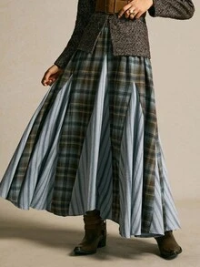 SoleilVie 女士秋季、万圣节、圣诞节、旅行、游牧风自由格纹麂皮面料不对称拼接复古做旧纹理自由式半身裙休闲通勤街头风长裙返校季女装秋季女装秋季女装秋季女装万圣节服装圣诞节女装新年女装冬季女装 - 彩色 - 查看 4
