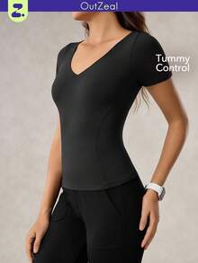 OutZeal 女式收腹速干柔软V领紧身黑色T恤运动T恤健身上衣日常健身 - 黑色 - 查看 11