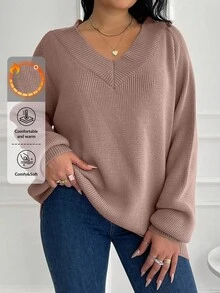 EURMUSE Plus Size V Neck Raglan Sleeve Pullover Sweater, Winter - Pink - View 1