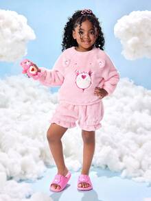 SHEIN X Care Bears 可爱卡通粉色女童彩虹儿童一脚蹬拖鞋幼儿和儿童防滑速干淋浴滑梯，轻便耐用的 EVA 材质，适合室内、浴室、游乐场、游泳池、海滩室内室外 - 粉色 - 查看 3