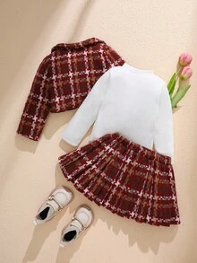 Souflis Souflis 3 件套女婴秋春优雅风格套装、长袖外套和纯色长袖上衣和镀金裙子幼儿圣诞装女婴格子装秋冬 - 紅木色 - 查看 2