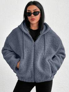 EURMUSE 100%Cotton Zip Up Drop Shoulder Hooded Teddy Jacket Fleece - Blue - View 5