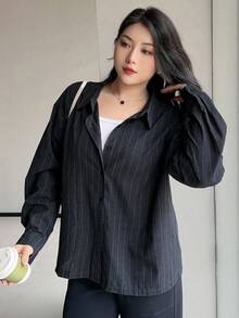 Dazy Plus 翻领条纹宽松短袖黑色休闲衬衫 - 藏蓝色 - 查看 7