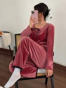 SHEIN Solid Color Velvet Southern French Style Contrast Lace Patchwork Ruffle Trim Long Sleeve Pajama Set For Women, Fall Winter Clothes - Watermelon Pink - View 4