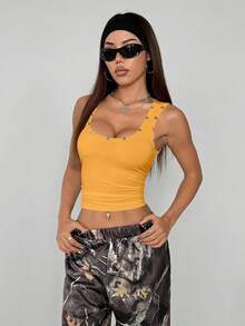 StreetHx Women's Autumn Streetwear Rivet Decor Crew Neck Solid Ribbed Cropped Fitted Tank Top - Yellow - View 5