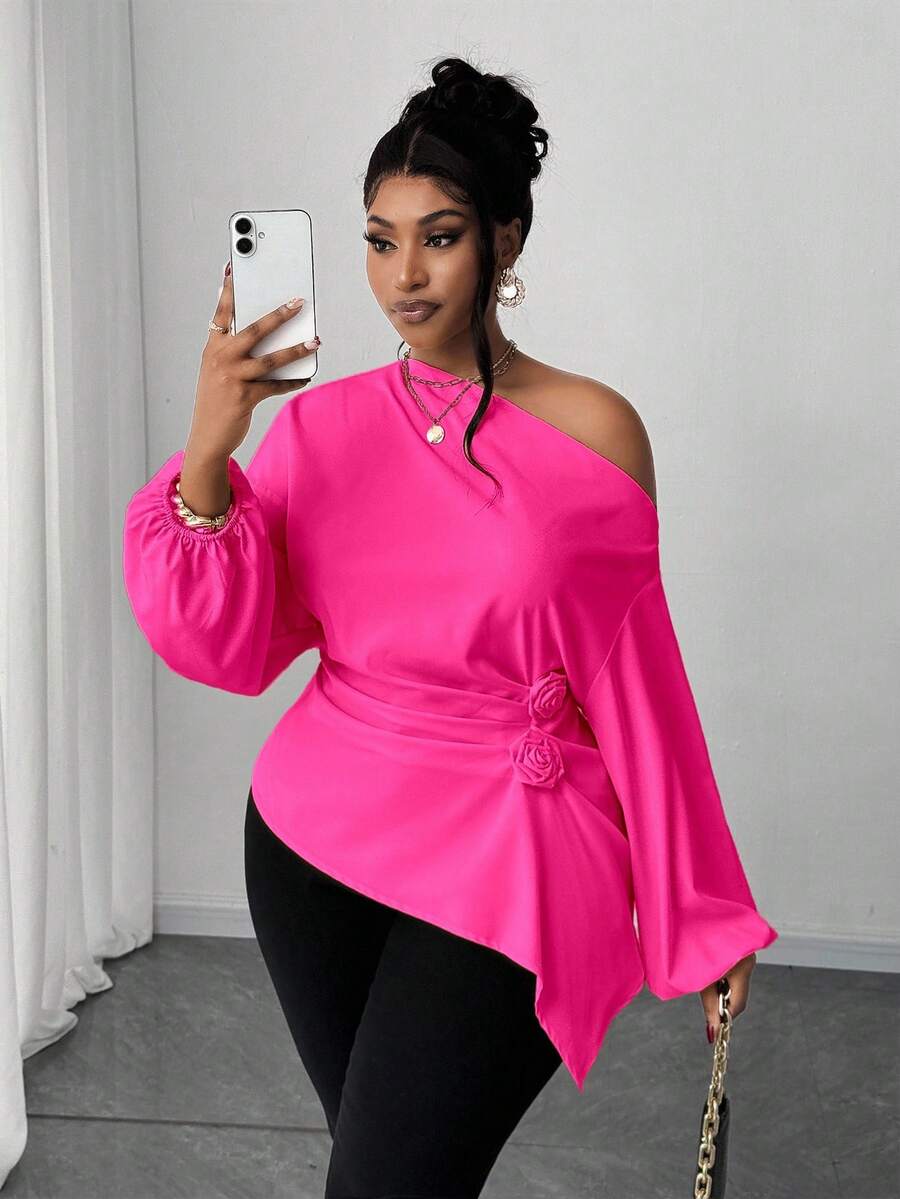 Maweii Áo sơ mi đi làm thường ngày màu trơn nhún vai hoa hồng cỡ lớn, eo xếp ly - Màu Hồng Tươi - Xem 1