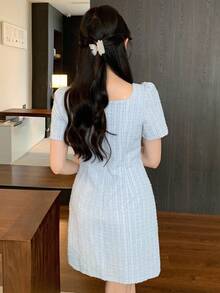 DAZY 方领纹理纽扣装饰女式短裙 - 淺藍色 - 查看 2