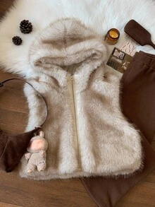 Muchica 秋冬时尚宽松连帽仿皮草背心 - 白色 - 查看 7