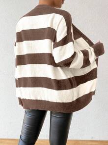 Chiquease Autumn/Winter New Design Striped Faux Mink Fleece Cardigan Sweater For Women - Brown - View 2