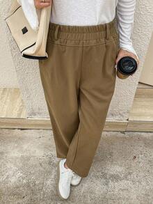 Livesso Simple Casual Solid Color Elastic Waist Straight Leg Pants - Khaki - View 1