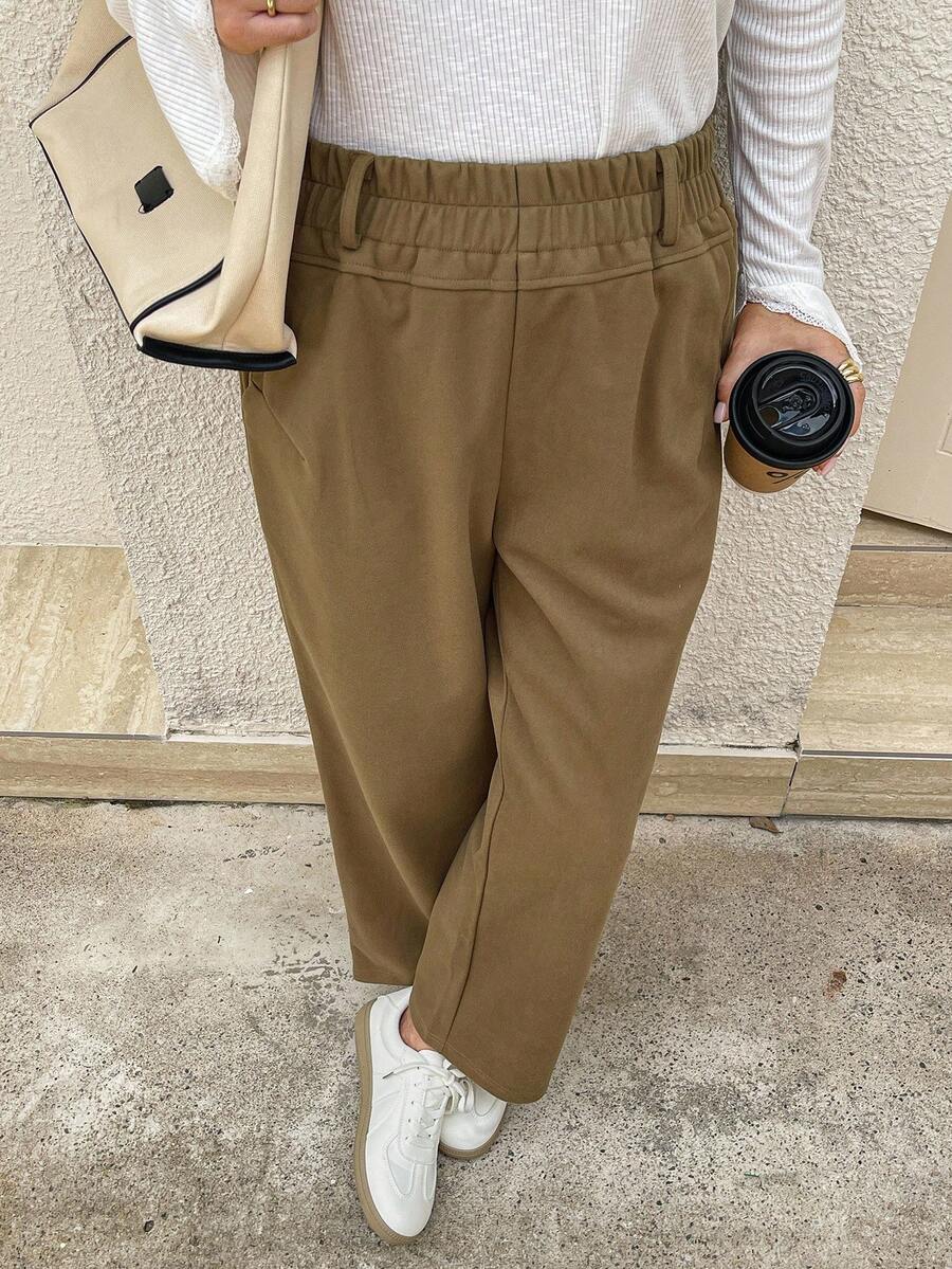 Livesso Simple Casual Solid Color Elastic Waist Straight Leg Pants - Khaki - View 1
