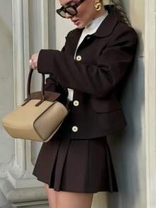 INAWLY New Vintage Style Jacket & Pleated Midi Skirt 2-Piece Set For Women - Coffee Brown - View 1