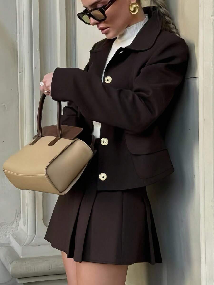 INAWLY New Vintage Style Jacket & Pleated Midi Skirt 2-Piece Set For Women - Coffee Brown - View 1