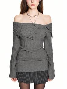 ROMWE Y2K 风格露肩罗纹针织收腰毛衣 - 深灰色 - 查看 3