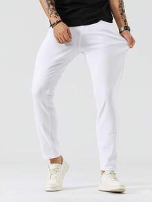 Manfinity Homme Celana Jeans Skinny Pria Kasual Warna Polos dengan Kantong Miring - Putih - View 6