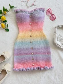 Soleia Comfortable Fitted Cardigan Ombre Color Dress With Button & Ruffle Hem, For Vacation - Multicolor - View 3