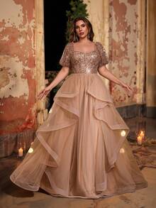 SHEIN Belle Plus Size Autumn And Winter Elegant Gorgeous Romantic Champagne Color Sequin Embroidery Splicing Sweetheart Neckline Puff Sleeves Shape Bust Design With Fishbone Asymmetrical Ruffles Oversized Puffy Dress Suitable For Dinner Party Bachelorette Party Date Dance Music Festival Homecoming Season Graduation Season Birthday Holiday Wedding Event Evening Dress (Heavy Style)