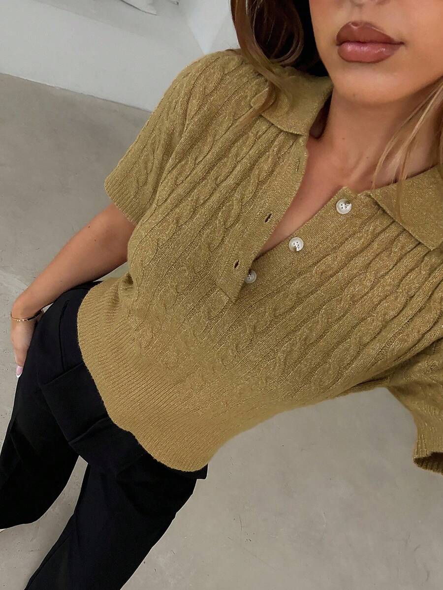 Aloruh 女式学院风马球领扭纹针织短袖毛衣，秋冬 - 芥末黃 - 查看 1