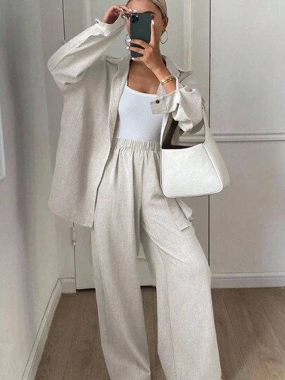 Livesso Western Style Beach Vacation Solid Color Linen- Loose Casual 2 Pieces Set For Women, Spring,Fall Women Clothes Lounge Sets For Women