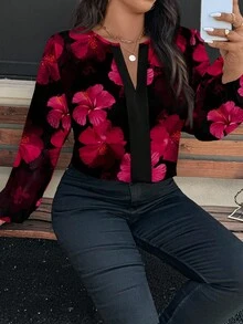 EMERY ROSE Elegant Floral Print Plus Size Blouse, Suitable For PartiesIn ,Flower/Spring/Summer/Vacation Fall - Multicolor - View 6