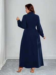 Rometta Plus Size Elegant Solid Color Lantern Sleeve Dress, Suitable For Commuting - Navy Blue - View 2
