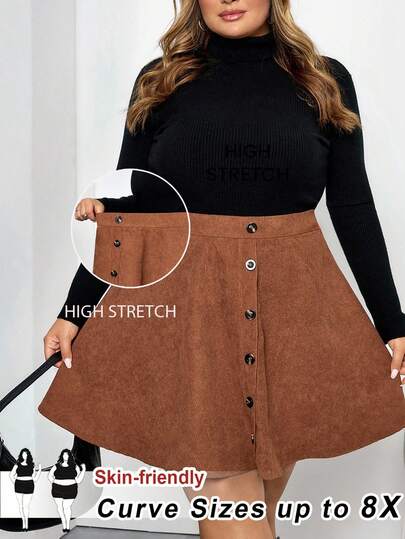 SHEIN CURVE+ Plus Size Solid Color Front Button Minimalist A-Line Skirt, Casual Daily Wear
