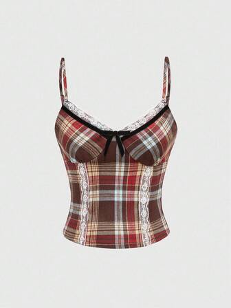 J-Fashion Femmes Camisole à carreaux avec décoration de nœud en dentelle contrastée
