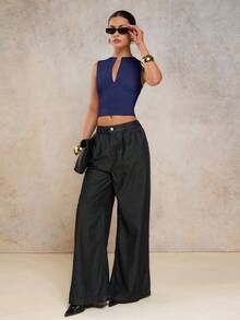 COSMINA Áo ba lỗ cổ chữ V màu trơn không tay thời trang ôm vừa vặn thanh lịch dành cho nữ - Màu xanh hải quân - Xem 4