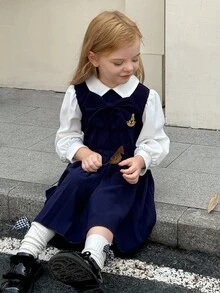 SHEIN Playful Pals Gaun Lengan Panjang 2-in-1 Warna Biru Tua Gaya Sekolah untuk Anak Perempuan, Gaun Lengan Mengembang dengan Pita Warna Kontras untuk Hari Karier Musim Gugur, Cocok untuk Kembali ke Sekolah, Acara Karier, dan Hari Karier. - Navy Blue - View 10