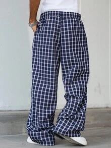 ROMWE MEN Prep Men's Fashionable Casual Plaid Pants, Loose Wide-Leg Trousers, Suitable For Street Wear, Fall