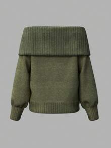 INAWLY Áo len dáng rộng tay đèn lồng hở vai màu trơn đơn giản dành cho nữ, mùa thu/đông - màu nâu - Xem 2