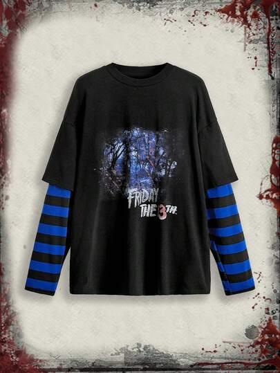 Friday the 13th X ROMWE Camiseta suelta de estilo casual de moda callejera gótica con patrón de letras y árboles, a rayas en contraste, 2 en 1, primavera/otoño