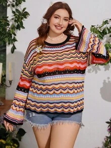 Flirla Áo len dệt kim khoét lỗ màu tương phản ngày lễ cỡ lớn, cỡ lớn - màu đen - Xem 4