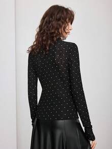 Ontre 2025 New Arrival Autumn/Winter Women's Tops, Polka Dot Fabric, Fitted Silhouette, Casual Chic & Versatile, Black Tight Fitting Turtleneck Sweater, Flattering, Slimming, Business Casual, Office Wear, Daily Outfit, Autumn/Winter, Halloween, Christmas, Valentine's Day, Thanksgiving, Long Sleeve, Ladies Office Attire, Wedding Guest Outfit, Tea Party, Holiday Party, Minimalist Elegant, Urban Stylish, Fashionable Women Blouse